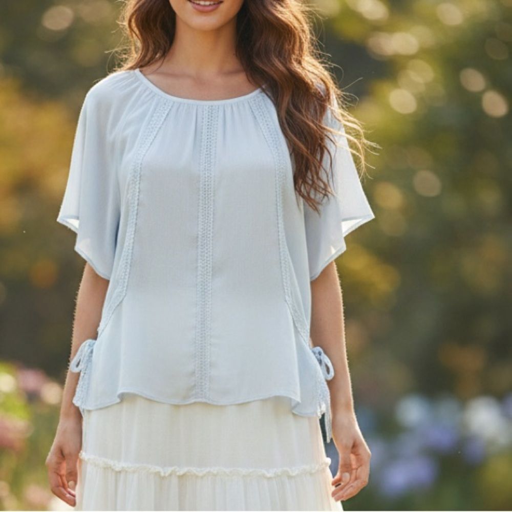 NWT Doe & Rae Sky Blue Women's Blouse with Crochet Lace & Tie Details